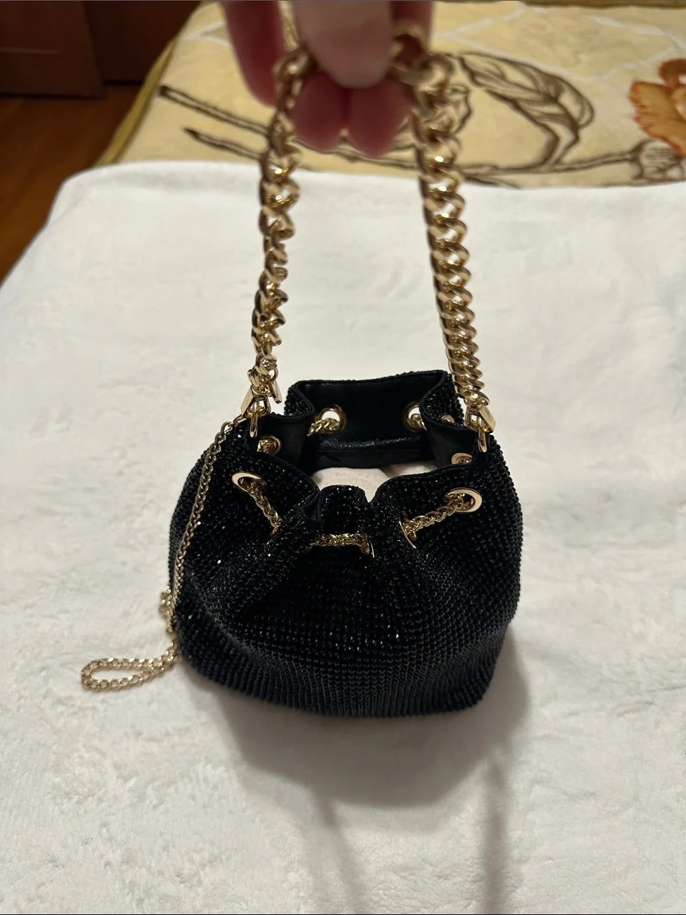 Olga Berg Black Beaded Crossbody Bucket Bag with Gold Chain & Tassels